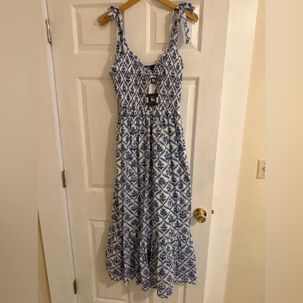 Madison Mathews Blue and White Patterned Maxi Dress